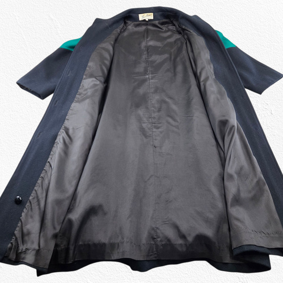 Vintage 80s Colorblock Wool Coat Blue Green Black Beau Brem Overcoat Size 16 - Picture 9 of 12